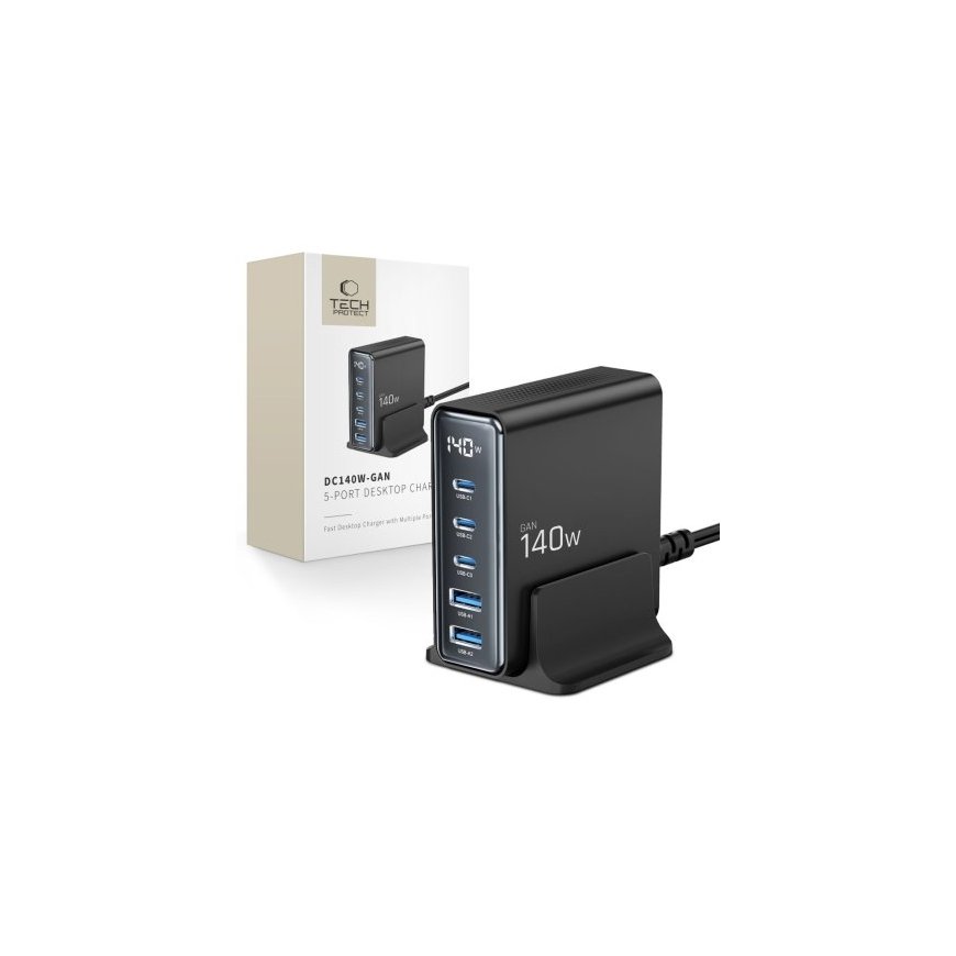 TECH-PROTECT DC140W-GAN 5-PORT DESKTOP CHARGER PD140W|QC3.0 BLAC