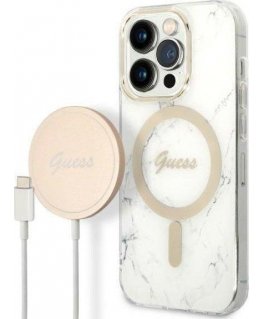 Dėklas Rinkinys Guess GUBPP14LHMEACSH Case+ Charger iPhone 14 Pro 6,1" balta/baltas hard case Marble MagSafe