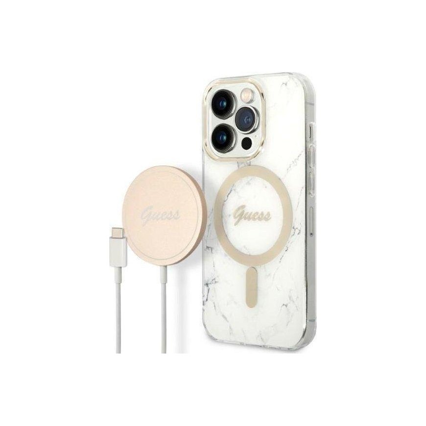 Case Set Guess GUBPP14LHMEACSH Case+ Charger iPhone 14 Pro 6.1" white/white hard case Marble MagSafe