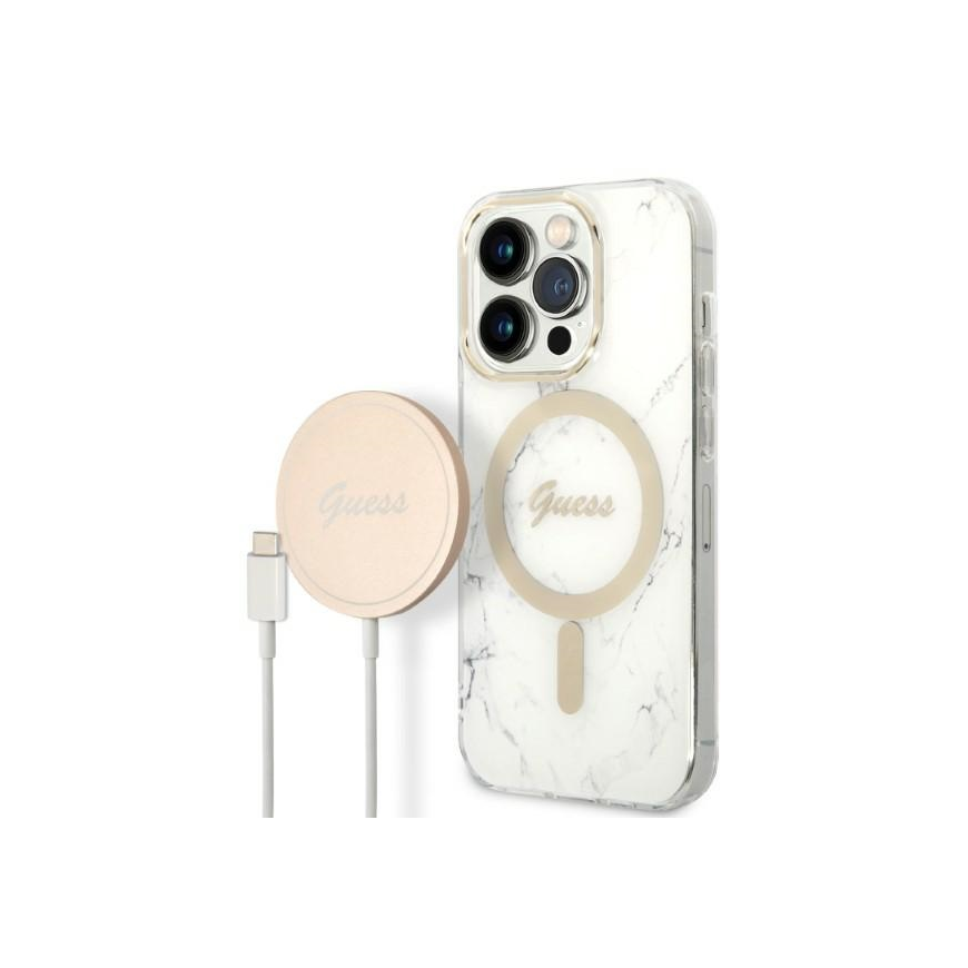 Case Set Guess GUBPP14LHMEACSH Case+ Charger iPhone 14 Pro 6.1" white/white hard case Marble MagSafe – 2