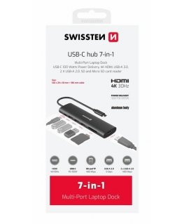 Swissten Aluminium Multi-Port Laptop Dock USB-C HUB 7-IN-1 USB-C 100W / HDMI 4K / USB-A 3.0 / 2x USB-A 2.0 / SD / MicroSD