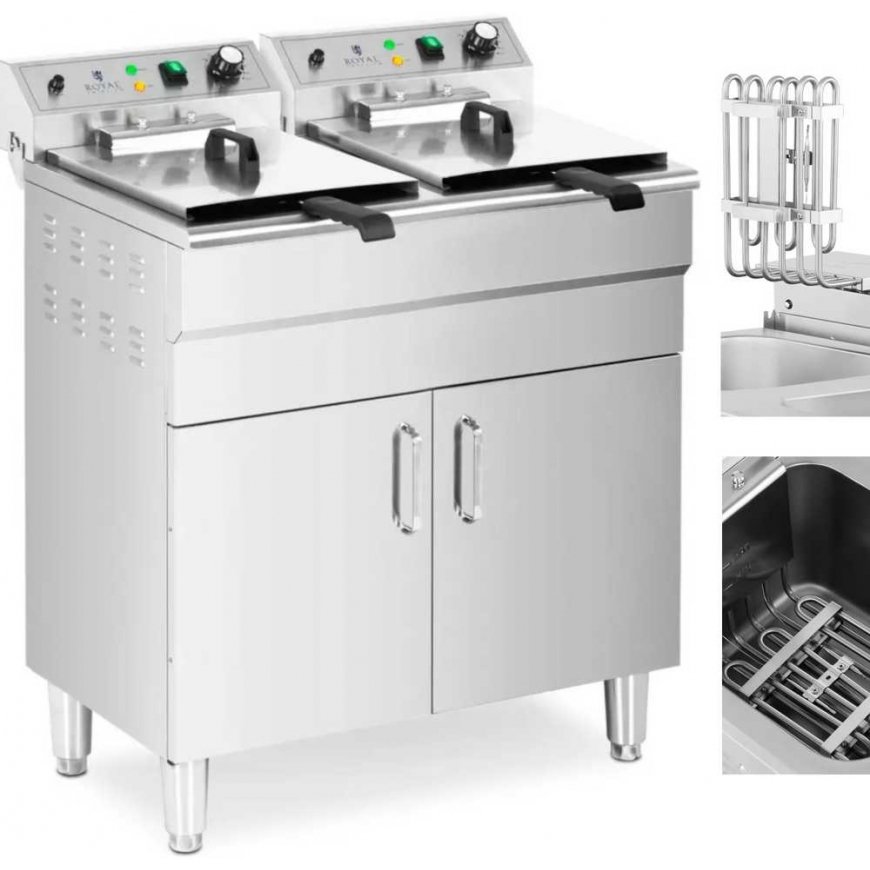Royal Catering Electric double free-standing fryer with cabinet, 26 L
