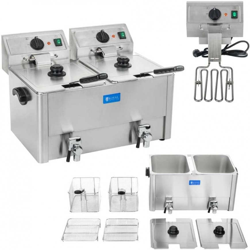 Royal Catering Double electric fryer with faucets and thermostat 2x8L, gray