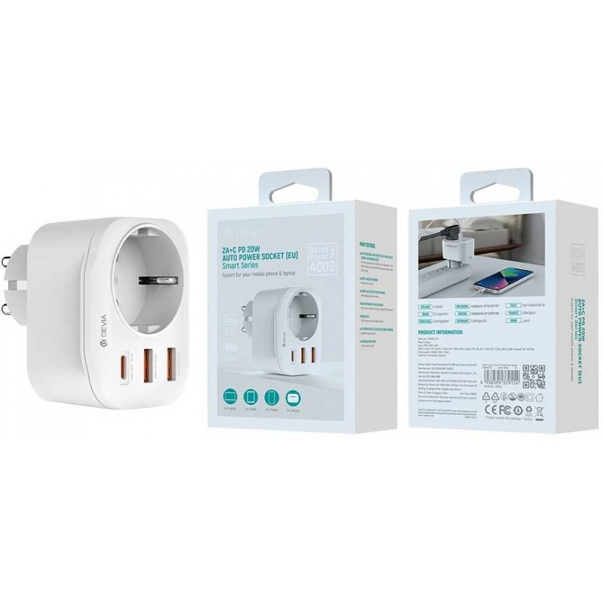 Devia power socket PD charger 20W 1x USB-C 2x USB 3A baltas – 2