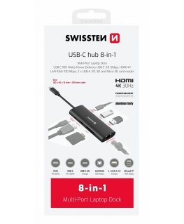 Swissten 8in1 USB-C Hub Aluminium USB-C 100W / HDMI 4K / LAN RJ45 / 2x USB-A / USB-C / SD / MICRO SD