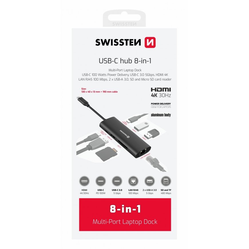 Swissten 8in1 USB-C Hub Aluminium USB-C
