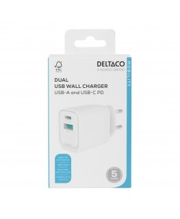 USB wall charger DELTACO, 1x USB-A 18 W, 1x USB-C PD 20 W, white/ USBC-AC154 / 1903153