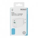 USB wall charger DELTACO, 1x USB-A 18 W, 1x USB-C PD 20 W, white/ USBC-AC154 / 1903153