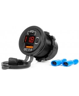 Car charger with USB sockets and voltage tester, waterproof, with USB + USB C switch qc3.0 12/24v amio-04222