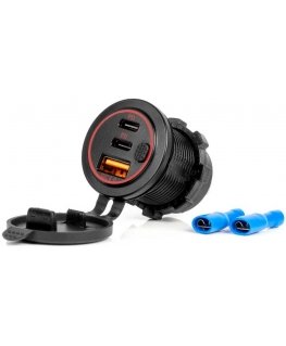 Automobilinis pakrovėjas su usb lizdais, atsparus vandeniui, su jungikliu usb + 2x usb-c qc3.0 12v 24v amio-04227