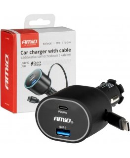 Fast car charger with retractable cable 85w pd30w pd20w + qc3.0 usb-a usb-c amio-04176