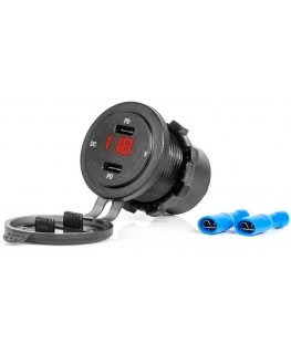 Automobilinis įkroviklis su USB lizdais ir įtampos testeriu, atsparus vandeniui 2x USB-C 12v 24v amio-04225