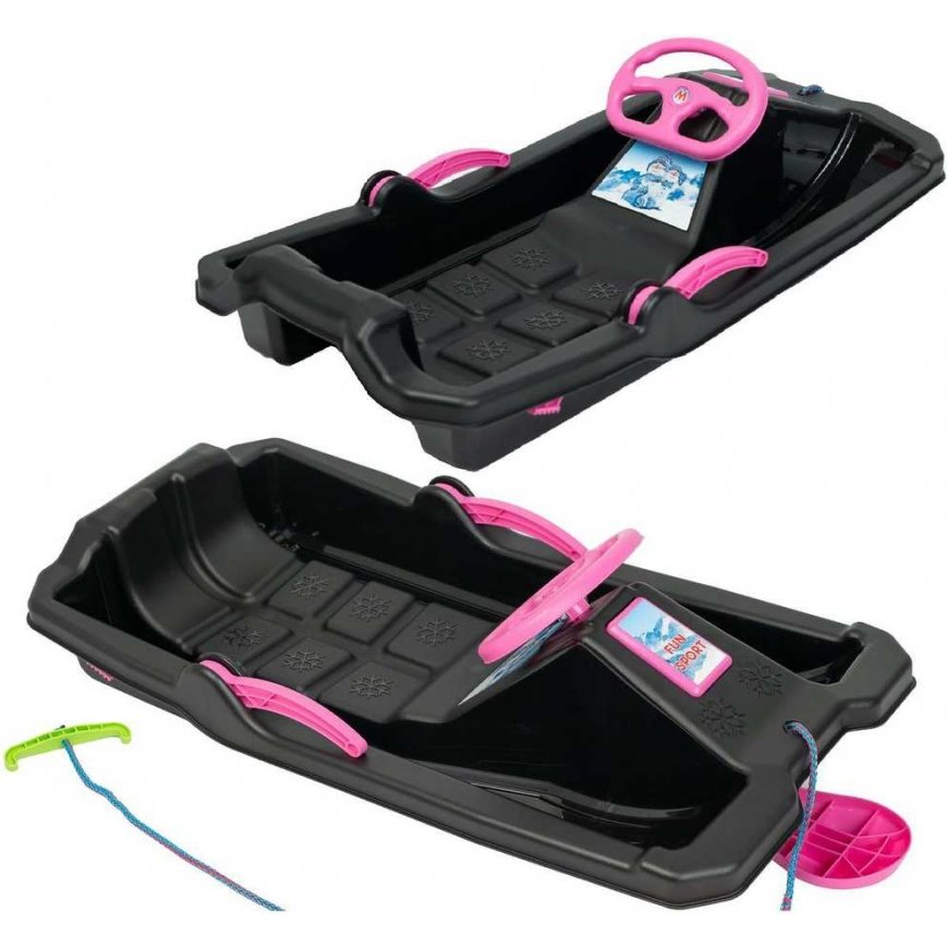 Enero Sleds PLASTIKOWE Z HAMULCEM I KIEROWNICĄ ADAŚ 84x43x25CM Black Z RÓŻOWYM