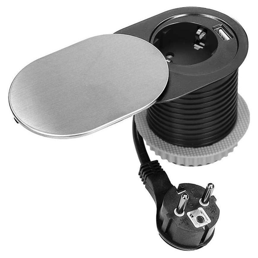 Orno Baldų lizdas ?6cm, įleistas į stalviršį su slankiojančiu dangteliu, USB įkroviklis ir 1,9 m laidas, 1x2P+Z (Schuko), 1xUSB
