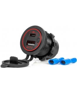 Automobilinis įkroviklis su usb lizdais vandeniui atsparus usb + usb-c qc3.0 12v 24v amio-04221