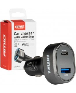 Fast car charger with voltmeter 48w pd30w qc3.0 usb-a usb-c amio-04178