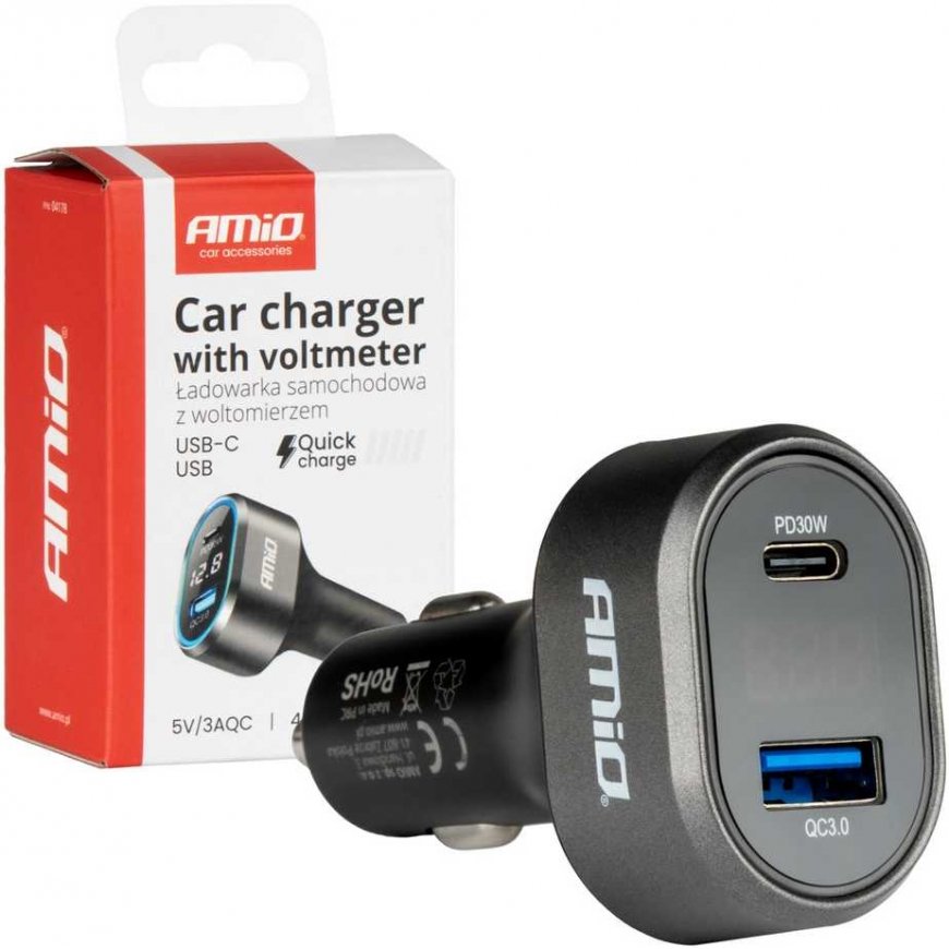 Fast car charger with voltmeter 48w pd30w qc3.0 usb-a usb-c amio-04178