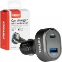 Fast car charger with voltmeter 48w pd30w qc3.0 usb-a usb-c amio-04178