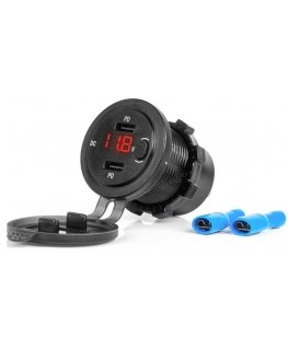 Car charger with USB sockets and voltage tester, waterproof, with switch 2x USB-C 12v 24v amio-04226