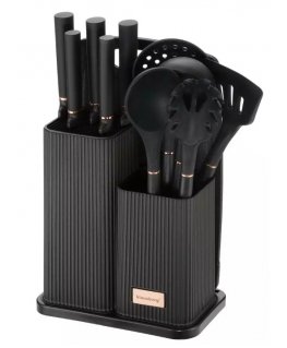 Set of kitchen utensils, knives, tools and cutting board, black,