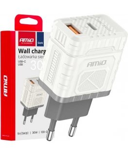 Charger connected to the network quick charge gan 30w usb-a + usb-c amio-04286