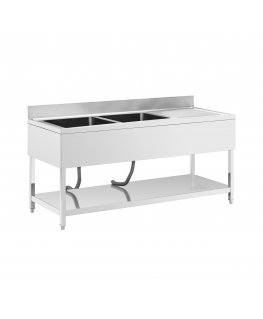 Royal Catering Double bowl basin sink with drain, shelf and rim 180 x 70 x 97 cm