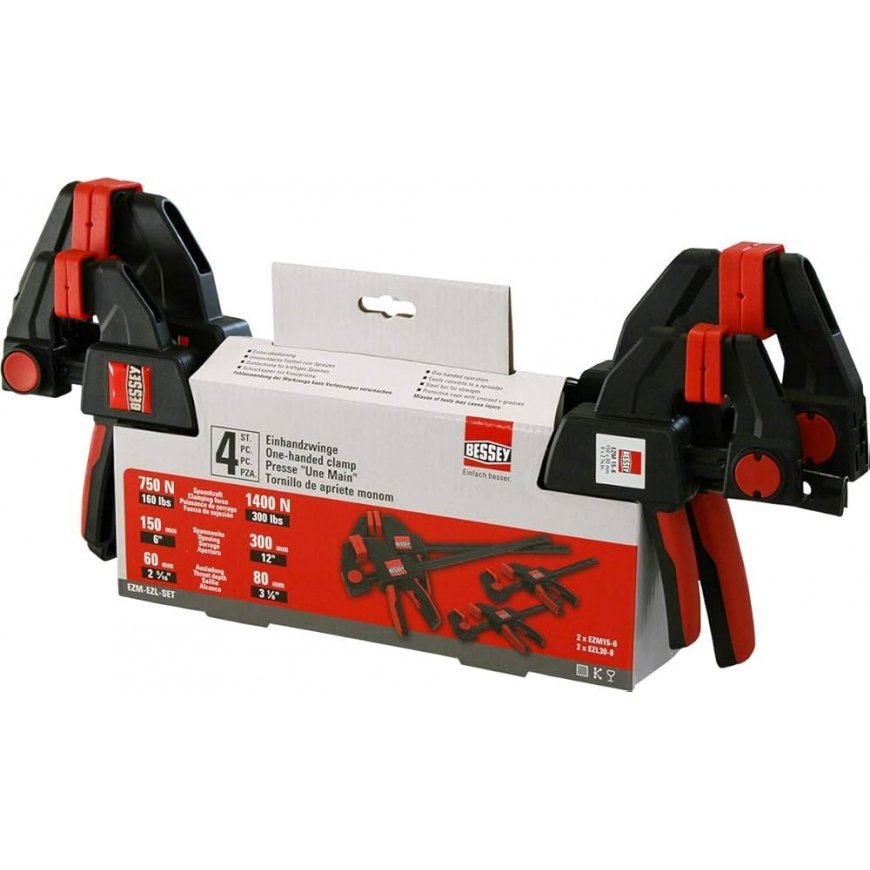 BESSEY one-hand clamp set EZM-EZL-Set, 4-piece (black/red, 2x EZM15-6, 2x EZL30-8)
