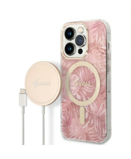 Case Set Guess GUBPP14LHJEACSP Case+ Charger iPhone 14 Pro 6.1" pink hard case Jungle MagSafe