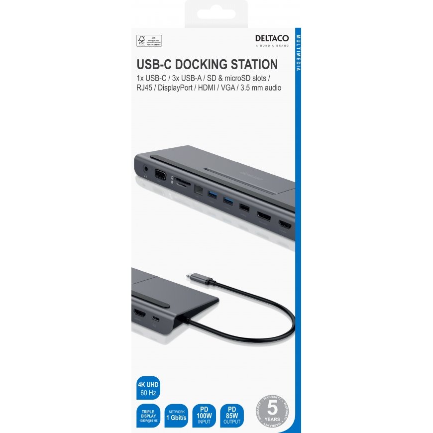 Deltaco USBC-DOCK2 док-станция для ноутбука Проводная USB 3.2 Gen 1 (3.1 Gen 1) Type-C Серый – 5
