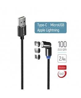 Cable 3in1 (Lightning+MicroUSB+Type-C) Magnetic Rotation 540° 2.4А, 1m | CW-CBUU037-BK