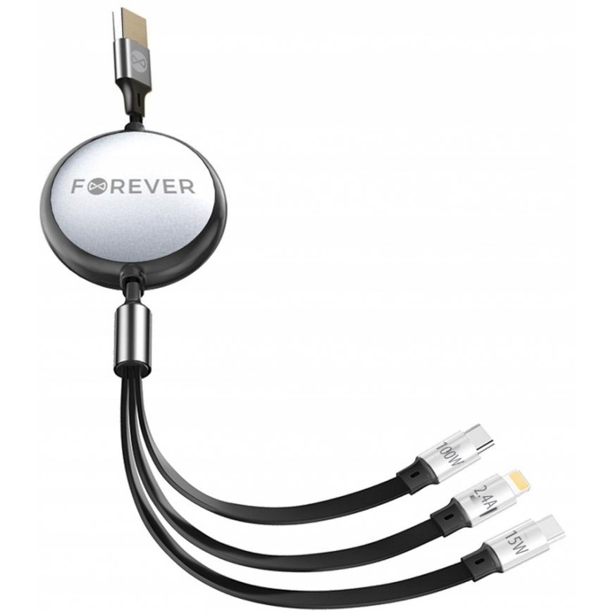 Forever 3in1 cable USB - Lightning + 2x USB-C 1,2 m 100W black – 2