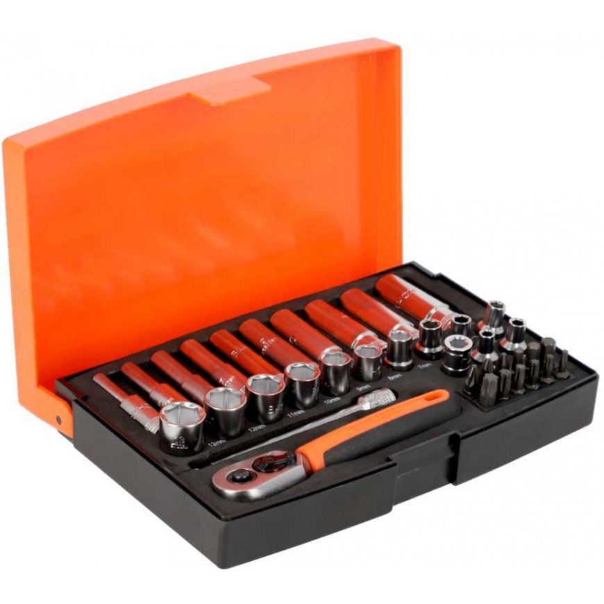 Galvučių, terkšlės ir priedų rinkinukas 4-13mm, antgaliai PH,HEX,TORX 1/4" 37vnt blisteryje. Bahco – 2