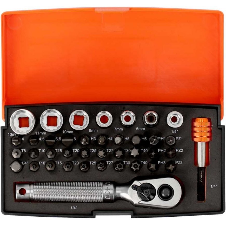 Galvučių, terkšlės ir priedų rinkinukas 6-13mm, antgaliai PH,HEX,TORX 1/4" 39vnt blisteryje. Bahco – 2