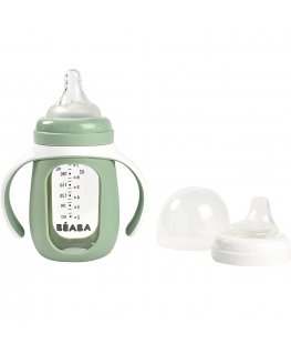 BEABA EDUCATIONAL GLASS BOTTLE-DRUNK 2IN1, 210 ML, SAGE Green, IN SILICONE CASE