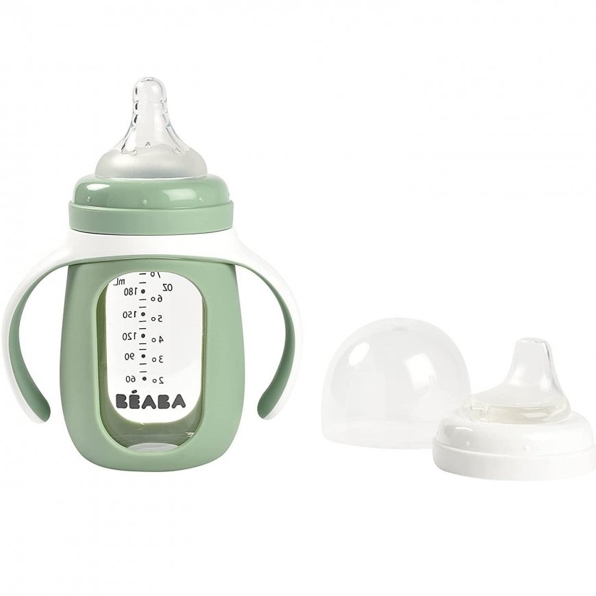 BEABA EDUCATIONAL GLASS BOTTLE-DRUNK 2IN1, 210 ML, SAGE Green, IN SILICONE CASE