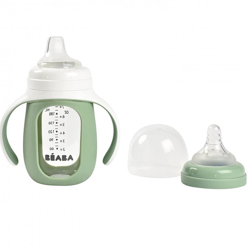 BEABA EDUCATIONAL GLASS BOTTLE-DRUNK 2IN1, 210 ML, SAGE Green, IN SILICONE CASE – 2