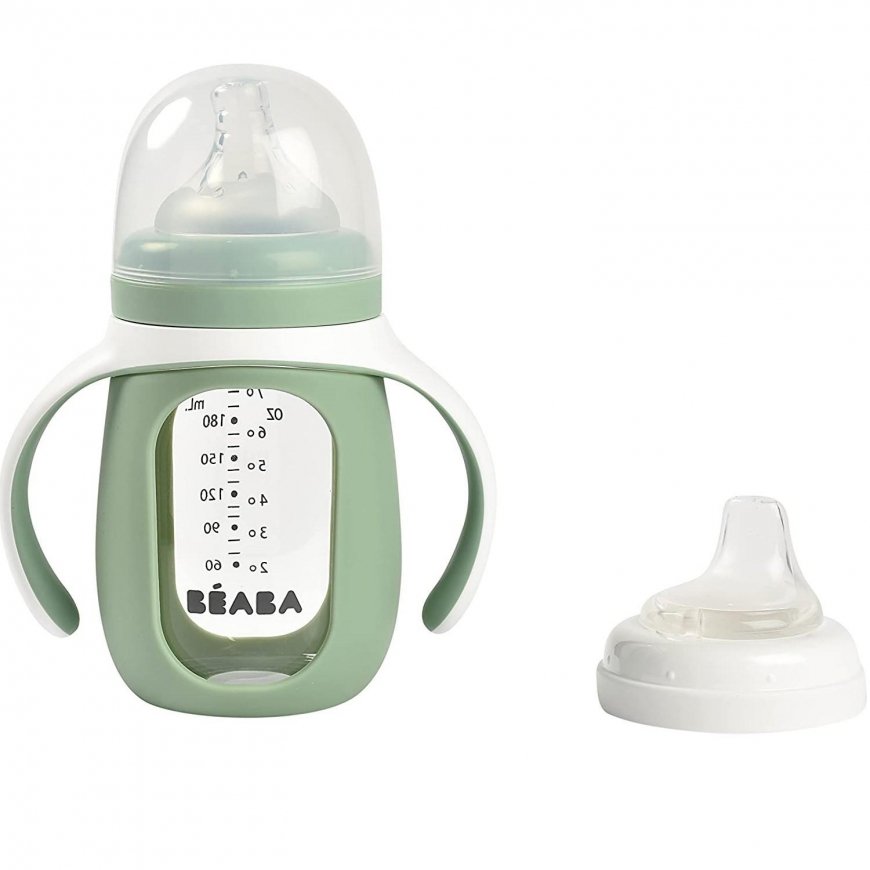 BEABA MOKOMASIS STIKLINIS BUTELIUKAS-GERTUVĖ 2IN1, 210 ML, SAGE Žalias, SILIKONINIAME DĖKLE – 3