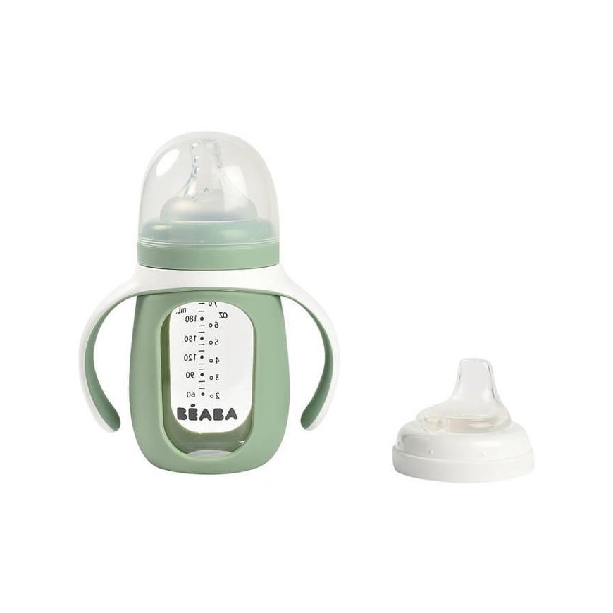 BEABA MOKOMASIS STIKLINIS BUTELIUKAS-GERTUVĖ 2IN1, 210 ML, SAGE Žalias, SILIKONINIAME DĖKLE – 5