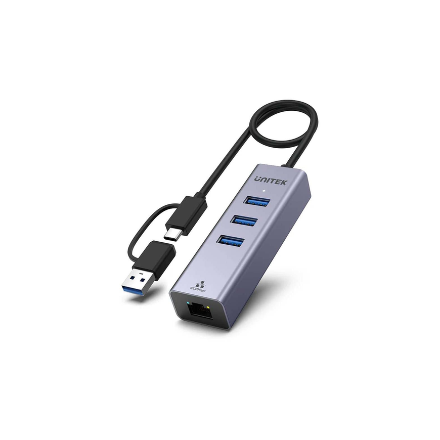 Unitek šakotuvas USB C 4w1 Ethernet 3xUSB 5 Gbps su adapteriu – 4