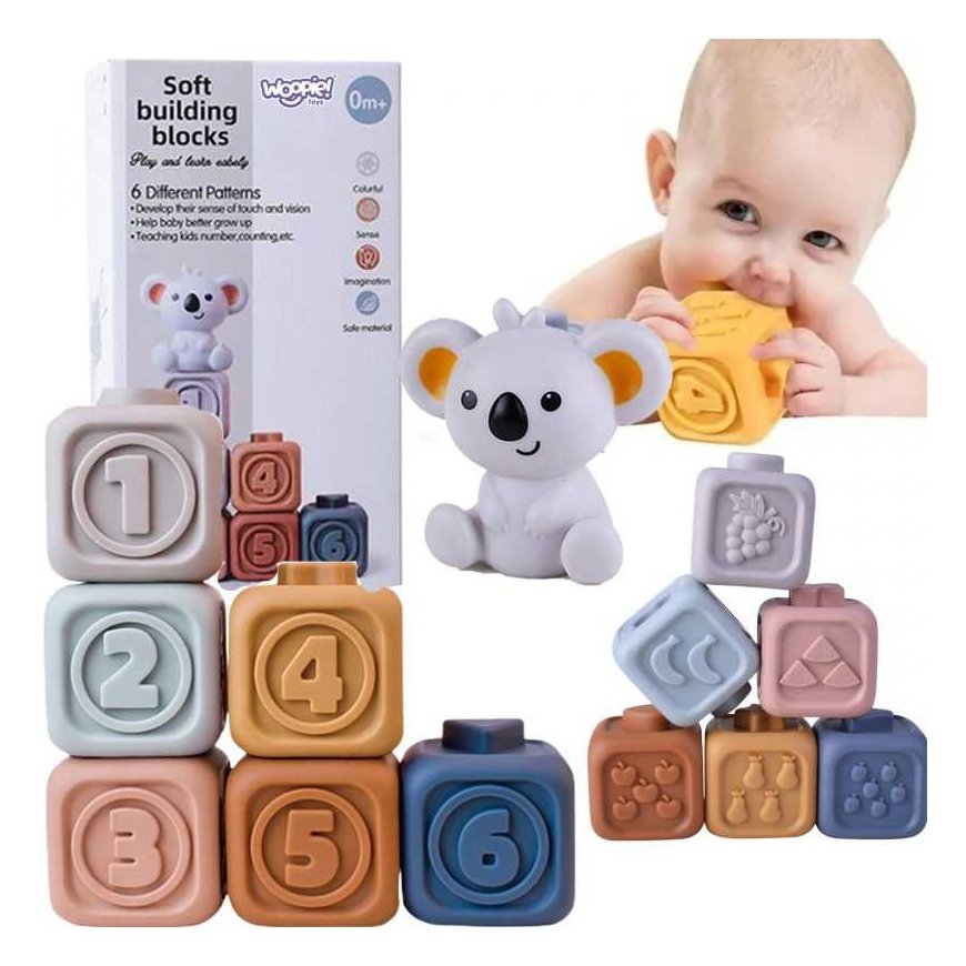 Woopie KŪDIKIO lavinamoji piramidė 2 viename, pojūčių kaladėlės, kramtukas su skaičiais