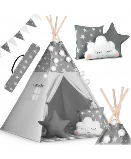 Nukido tent for children with garland and lights - gray with stars