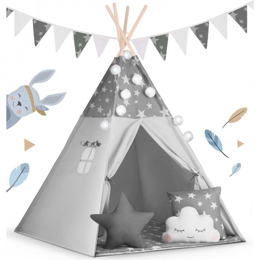 Nukido tent for children with garland and lights - gray with stars – 2