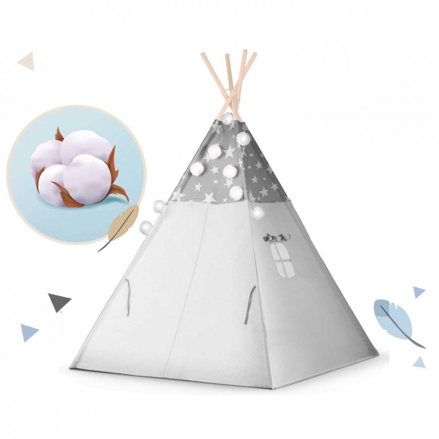 Nukido tent for children with garland and lights - gray with stars – 3