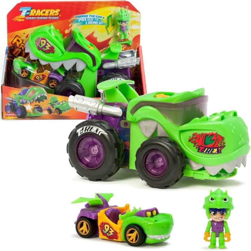 Rinkinys T-Racers T-Rex Mega Wheels Auto wyrzutnia i kierowca