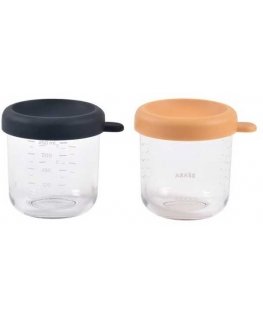 BEABA 2-PACK GLASS CUPS (250 ML), NIGHT BLUE/HONEY