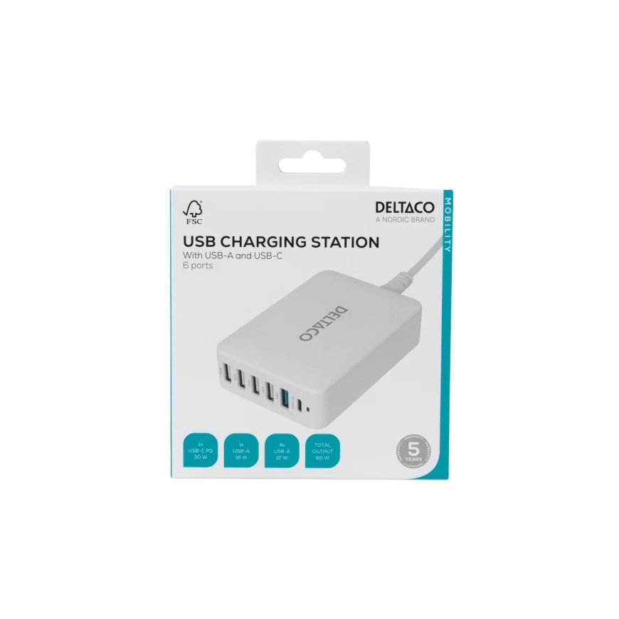 Deltaco USBC-MO100 mobiililaitteen laturi Universaali Valkoinen AC, USB Sisätila – 5
