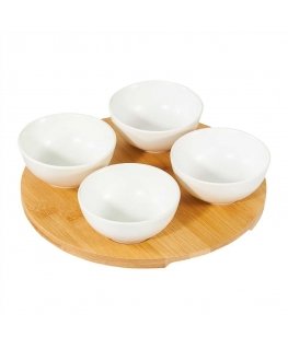Komplet 4 salaterek na podstave bambusowej Natural round white AMBITION