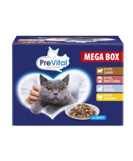 PREVITAL kaķu barības Megabox ar jēra gaļu, liellopu gaļu, truši un vistu mērcē - mitrā kaķu barība - 24 x 100g