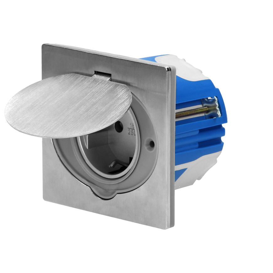 Orno Hermetic electrical outlet, IP44 stainless steel, with windproof mounting box, Schuko version