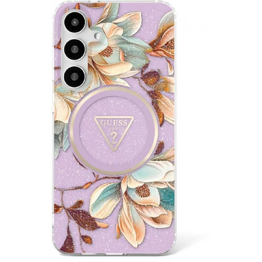 GUESS dėklas, skirtas SAMSUNG S25 Ultra GUHMS25LHFLPEDU (Magnetic IML Metal Glitter Flowers Triangle) violetinis